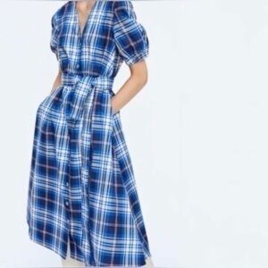 Zara New Blue Plaid Midi Dress Taffeta Size XS